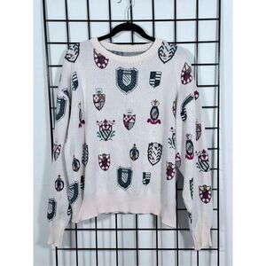 Vintage‎ All Over Shield Crest Sweater Mens XL Ivory Eclectic Grandpa Academia